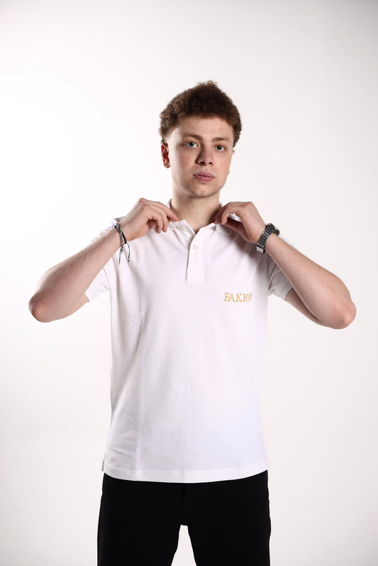 FAKHM Prestige Polo – White / Gold Embroidery