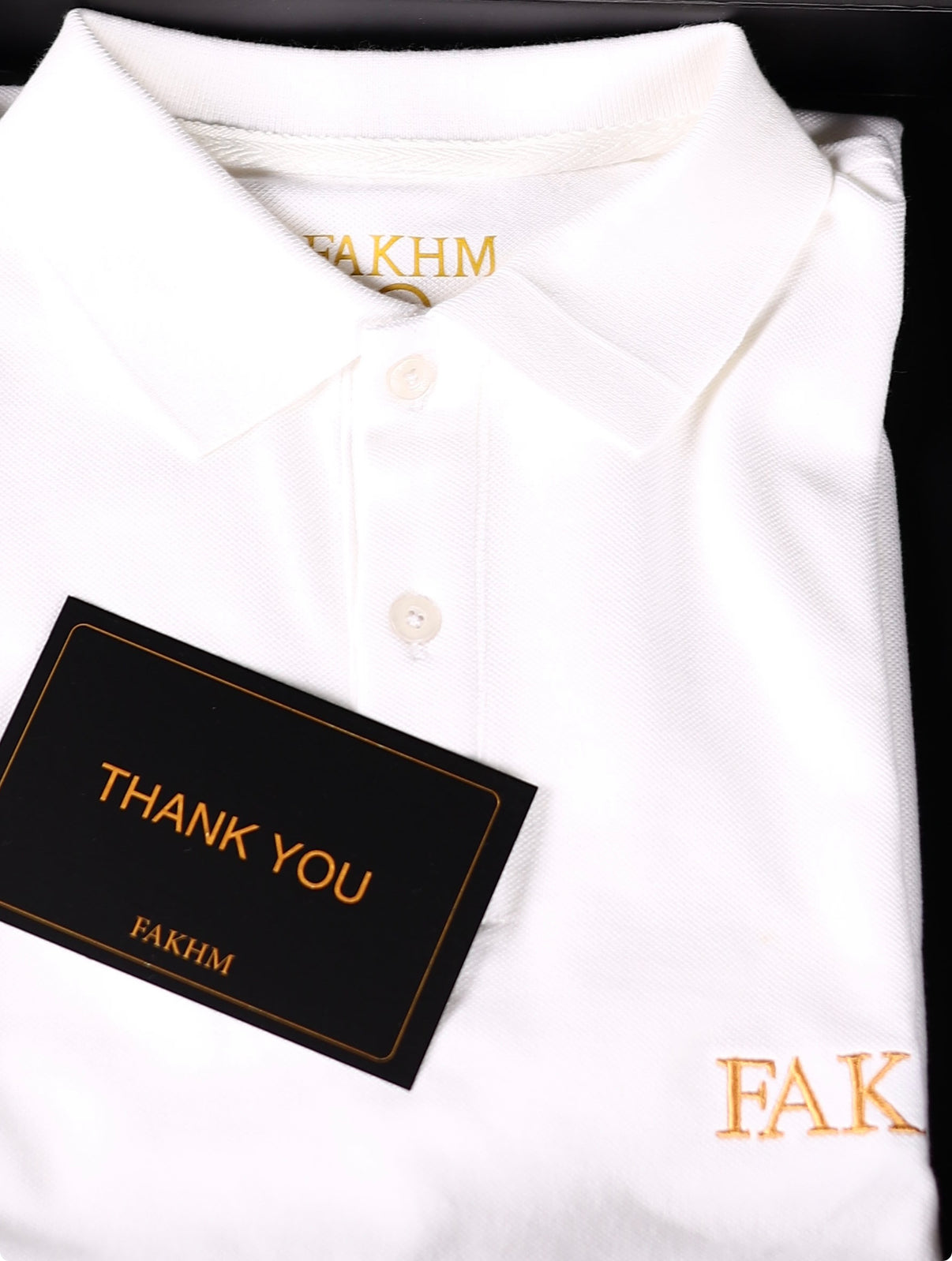 FAKHM Prestige Polo – White / Gold Embroidery